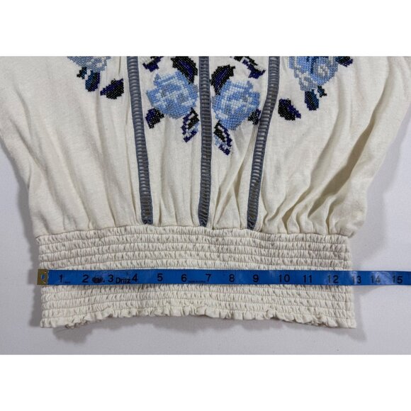 Free People Embroidered Boho Peasant Blouse Small Ivory Blue Floral Smocked Wais - Picture 14 of 14
